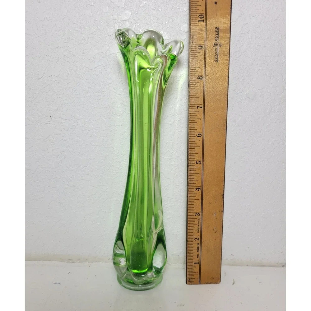 Vintage Wales Green Hand Blown Glass Swung Vase Scalloped Ruffled Made In Japan